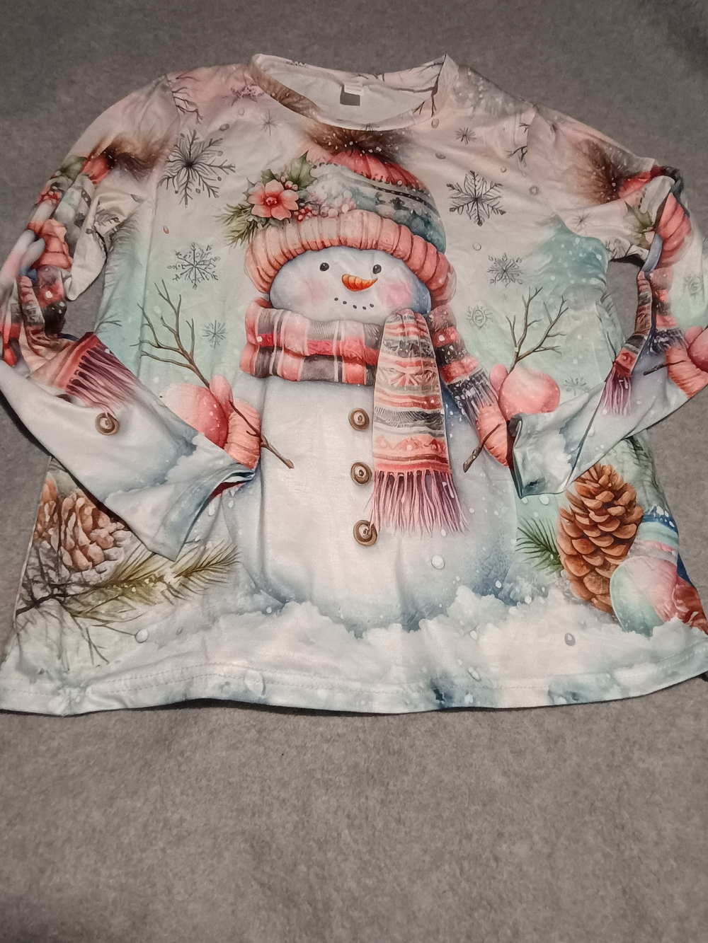 Girls Long-Sleeve Snowman Graphic Top - Pink & Cream